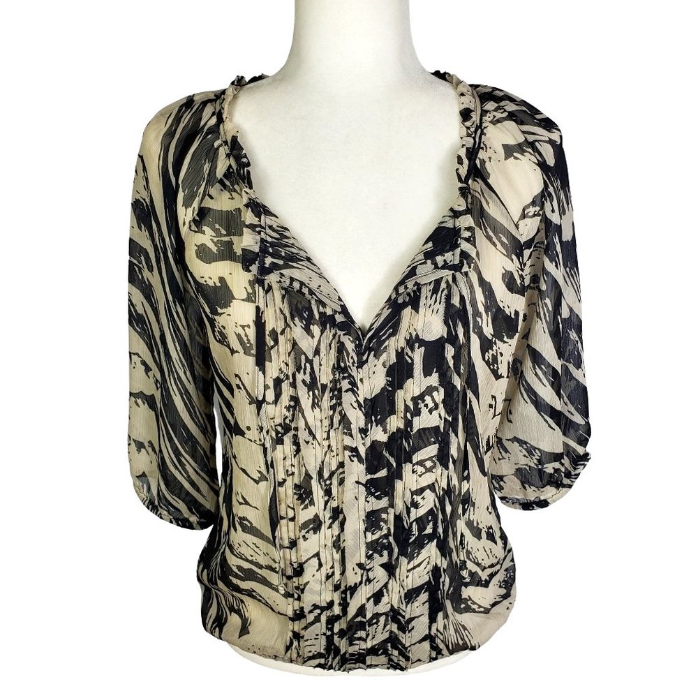 Express NWT Sheer Zebra Print Ruffle Front Blouse Tan Black Women's Small